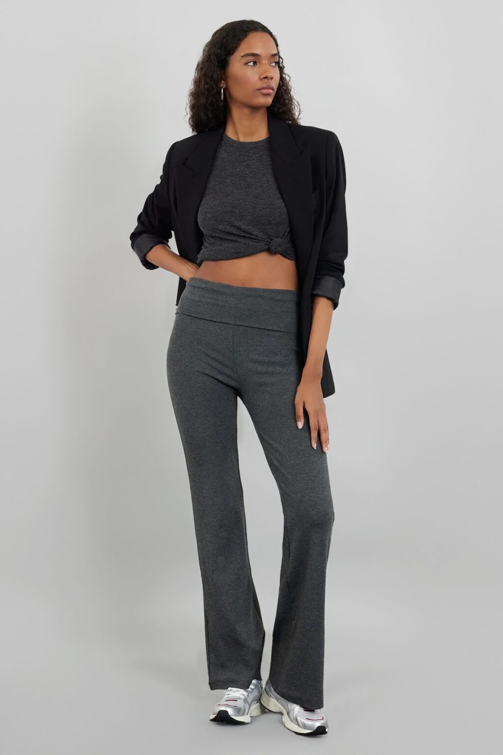 Trendyol Anthracite Melange Flare/Spanish Leg Waist Detailed Flexible Interlock Knitted Trousers