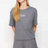 Trendyol Anthracite Melange Slogan Printed Ruffle Detailed Shorts Knitted Pajama Set