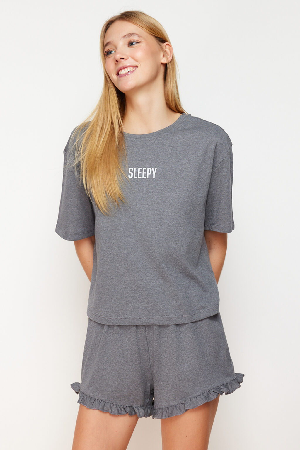 Trendyol Anthracite Melange Slogan Printed Ruffle Detailed Shorts Knitted Pajama Set