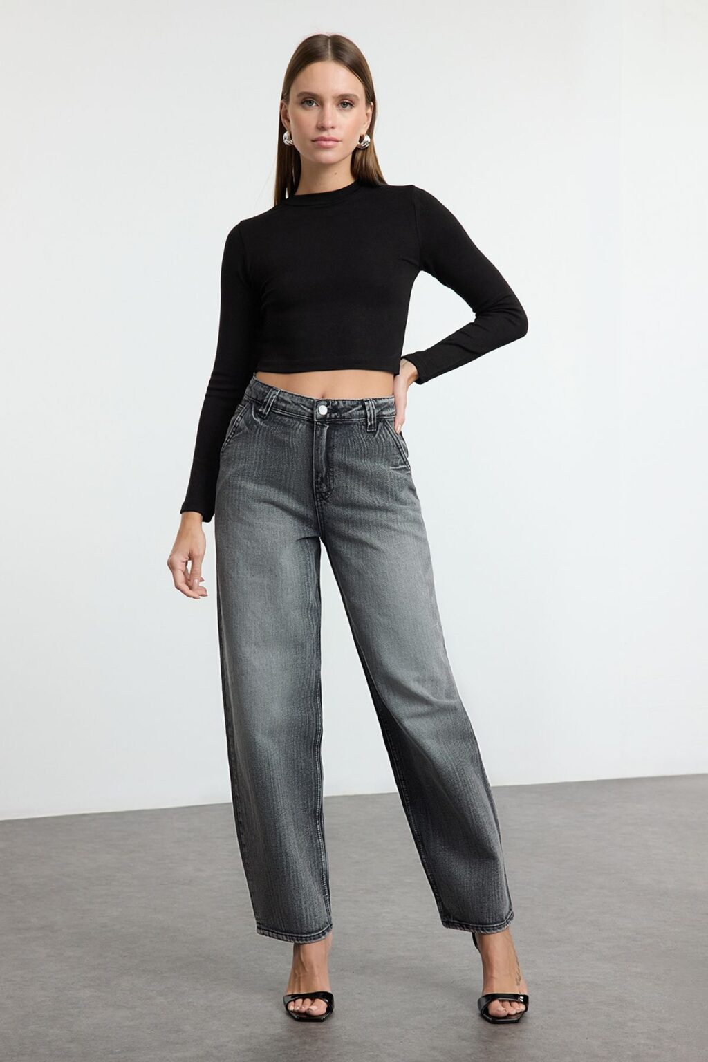 Trendyol Anthracite More Sustainable High Waist Skater Baggy Jeans