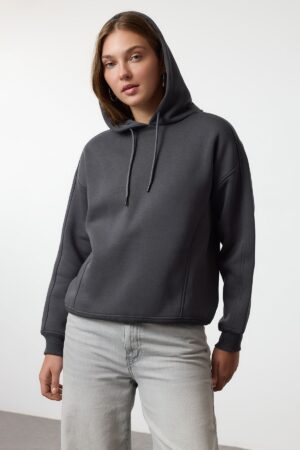 Trendyol Anthracite Oversize Thick Fleece Lined Hooded Knitted Sweatshirt Trendyol Anthracite Oversize Thick Fleece Lined Hooded Knitted Sweatshirt