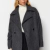 Trendyol Anthracite Oversize széles szabású bélyegzett kabát