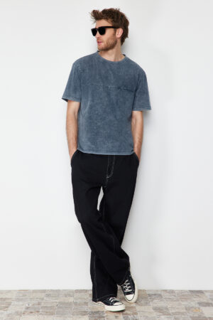 Trendyol Anthracite Oversize/Wide Cut 100% Cotton T-Shirt with Old/Faded Effect Pocket