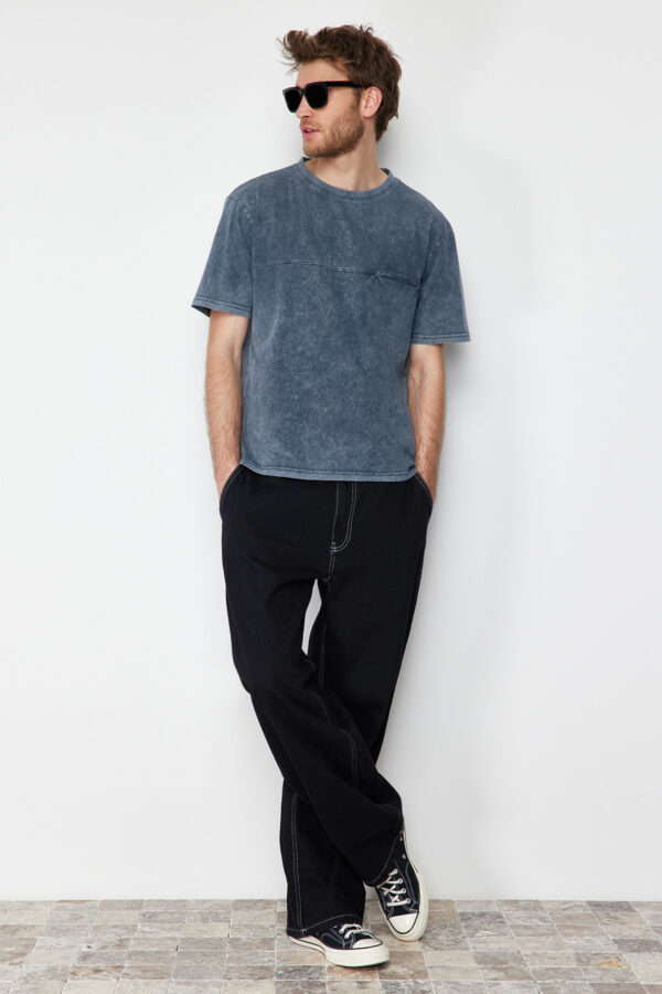 Trendyol Anthracite Oversize/Wide Cut 100% Cotton T-Shirt with Old/Faded Effect Pocket