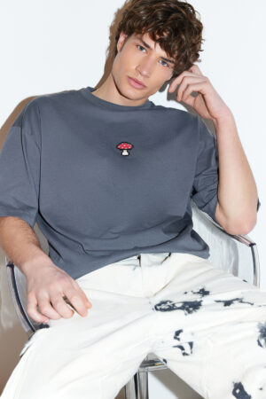 Trendyol Anthracite Oversize/Wide Cut Mushroom Embroidered 100% Cotton T-Shirt