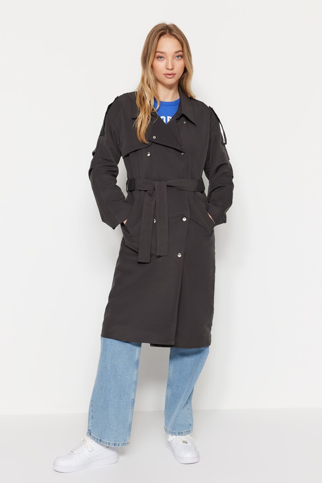 Trendyol Anthracite Oversized öves árokkabát patentos rögzítővel