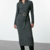 Trendyol Anthracite Plain Polo Neck Bodycone/Fitting Textured Button Detailed Knitted Dress