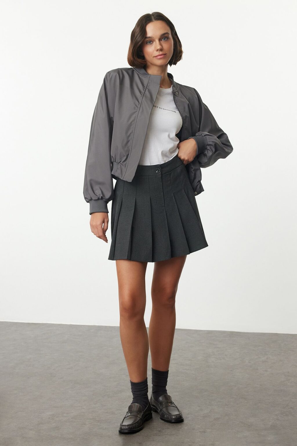 Trendyol Anthracite Pleat Detail Polyviscose Fabric Mini Woven Skirt