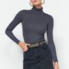 Trendyol Anthracite Premium Soft Fabric Turtleneck Fitted/Slippery Knitted Blouse