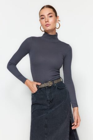 Trendyol Anthracite Premium Soft Fabric Turtleneck Fitted/Slippery Knitted Blouse Trendyol Anthracite Premium Soft Fabric Turtleneck Fitted/Slippery Knitted Blouse