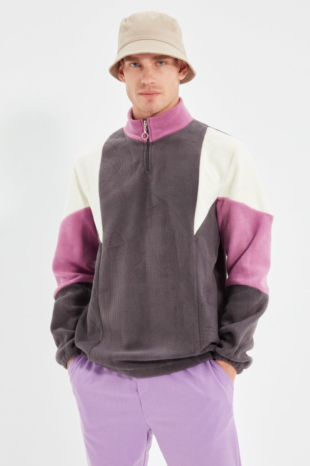 Trendyol Anthracite Regular/Normal Cut Zippered Color Block Anti-pilling Fleece Sweatshirt
