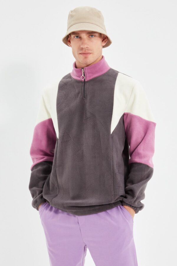 Trendyol Anthracite Regular/Normal Cut Zippered Color Block Anti-pilling Fleece Sweatshirt