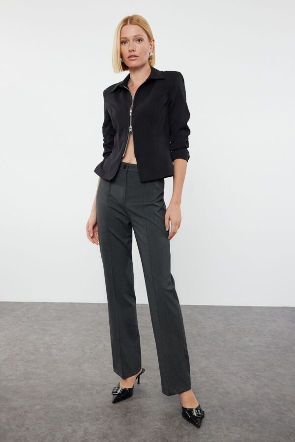Trendyol Anthracite Ribbed Detailed Straight Cut Woven Fabric Trousers