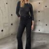Trendyol Anthracite Ribbed High Waist Lycra Flare Jeans