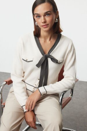 Trendyol Anthracite Ribbon/Bow Detailed Knitwear Cardigan Trendyol Anthracite Ribbon/Bow Detailed Knitwear Cardigan