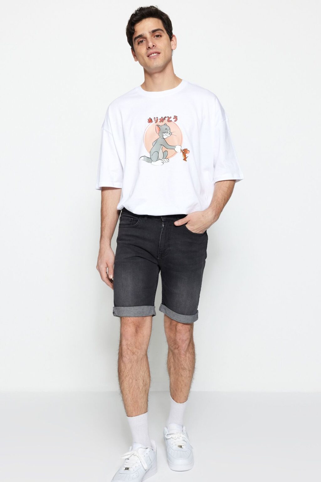 Trendyol Anthracite Skinny Fit Destroyed Denim Jeans Shorts