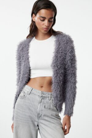 Trendyol Anthracite Soft Textured Furry Coat-Looking Knitwear Cardigan