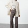 Trendyol Anthracite Straight Cut High Waist Ribbed Stitched Woven Trousers