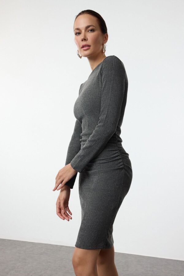 Trendyol Anthracite Straight Ruffle/Drape Detailed Boat Neck Bodycone/Fitting Mini Knitted Dress