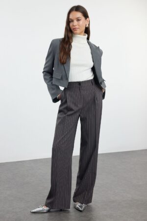 Trendyol Anthracite Striped Regular Waist Wide Leg/Wide Leg Woven Fabric Trousers