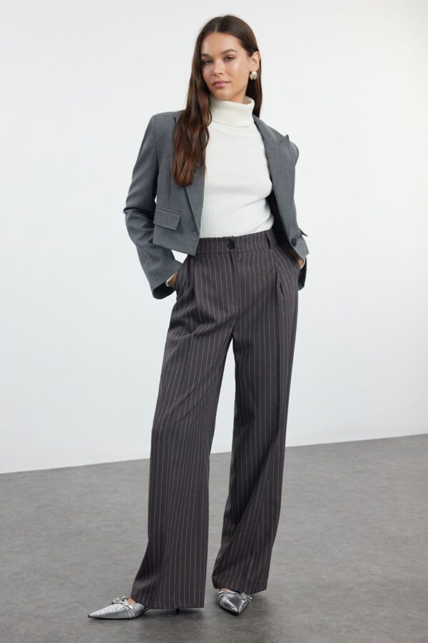 Trendyol Anthracite Striped Regular Waist Wide Leg/Wide Leg Woven Fabric Trousers
