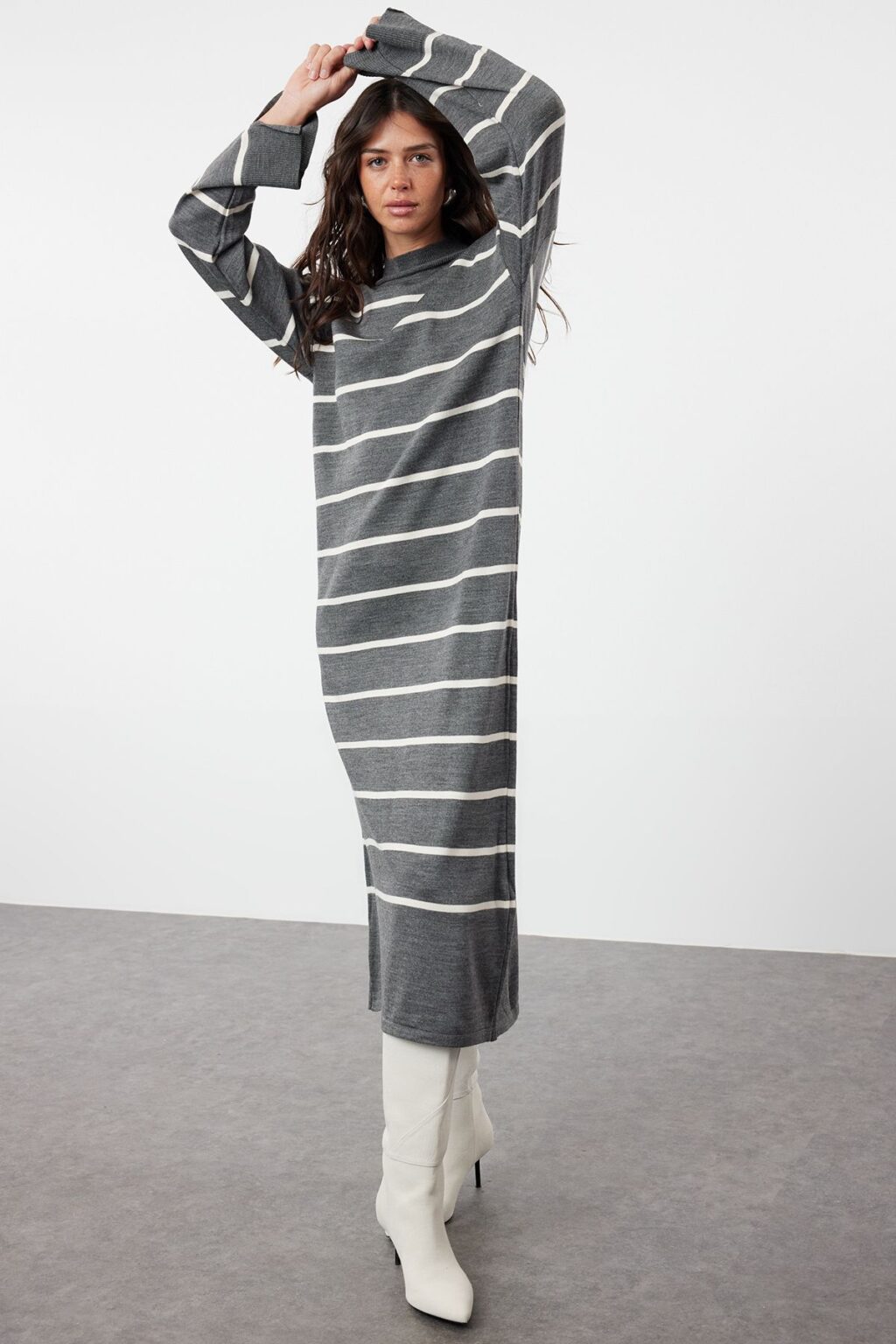Trendyol Anthracite Striped Slit Detailed Knitwear Dress