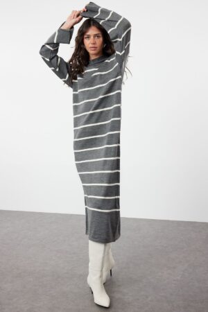 Trendyol Anthracite Striped Slit Detailed Knitwear Dress