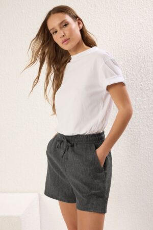 Trendyol Anthracite Textured Crepe High Waist Elastic Short Knit Shorts & Bermudas