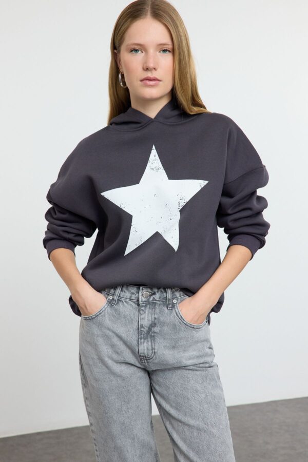 Trendyol Anthracite Thick Polar Fleece Star Printed Hooded Knitted Sweatshirt