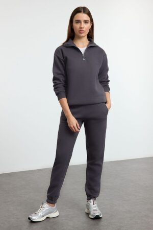 Trendyol Anthracite Thick Polar Fleece Zippered Stand Collar Jogger Knitted Tracksuit