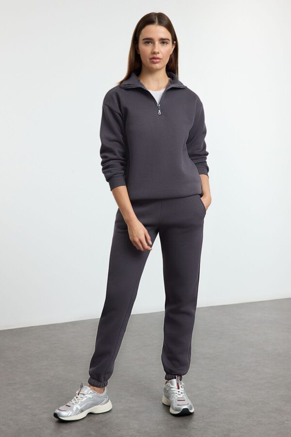 Trendyol Anthracite Thick Polar Fleece Zippered Stand Collar Jogger Knitted Tracksuit