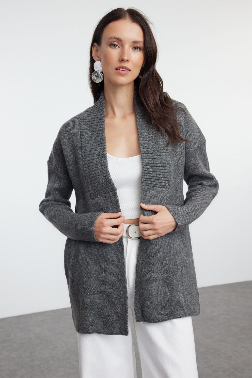 Trendyol Anthracite Wide Fit Soft Textured Knitwear Cardigan