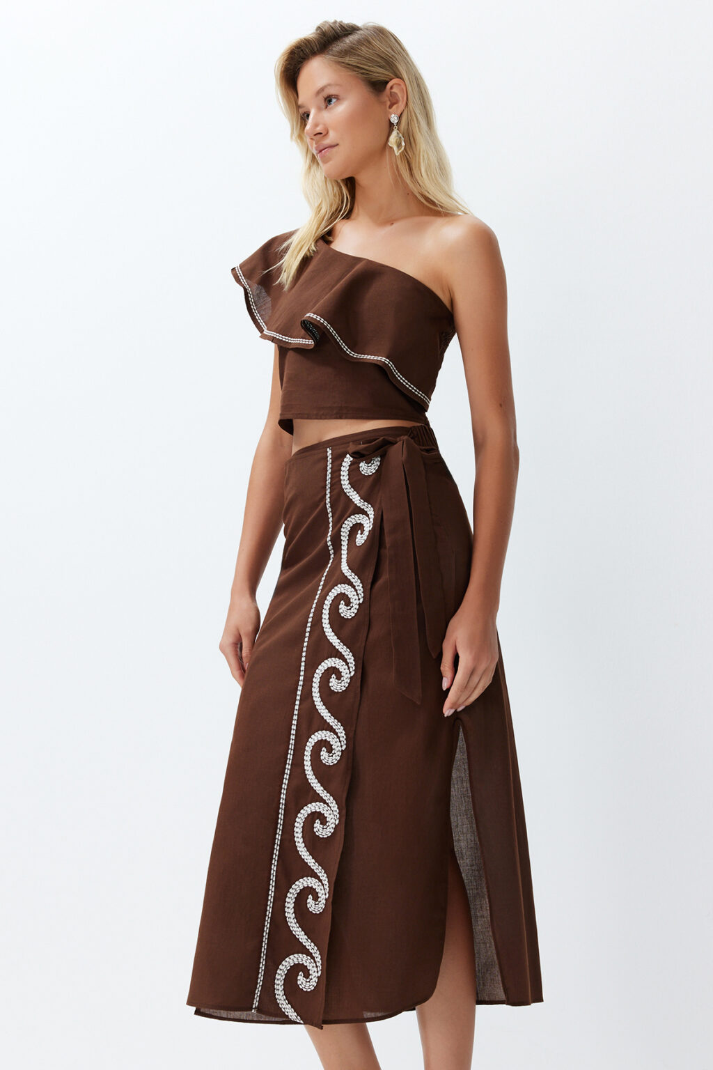 Trendyol Beach Wear Brown Woven Flounce One Shoulder 100% Cotton Blouse Skirt Set