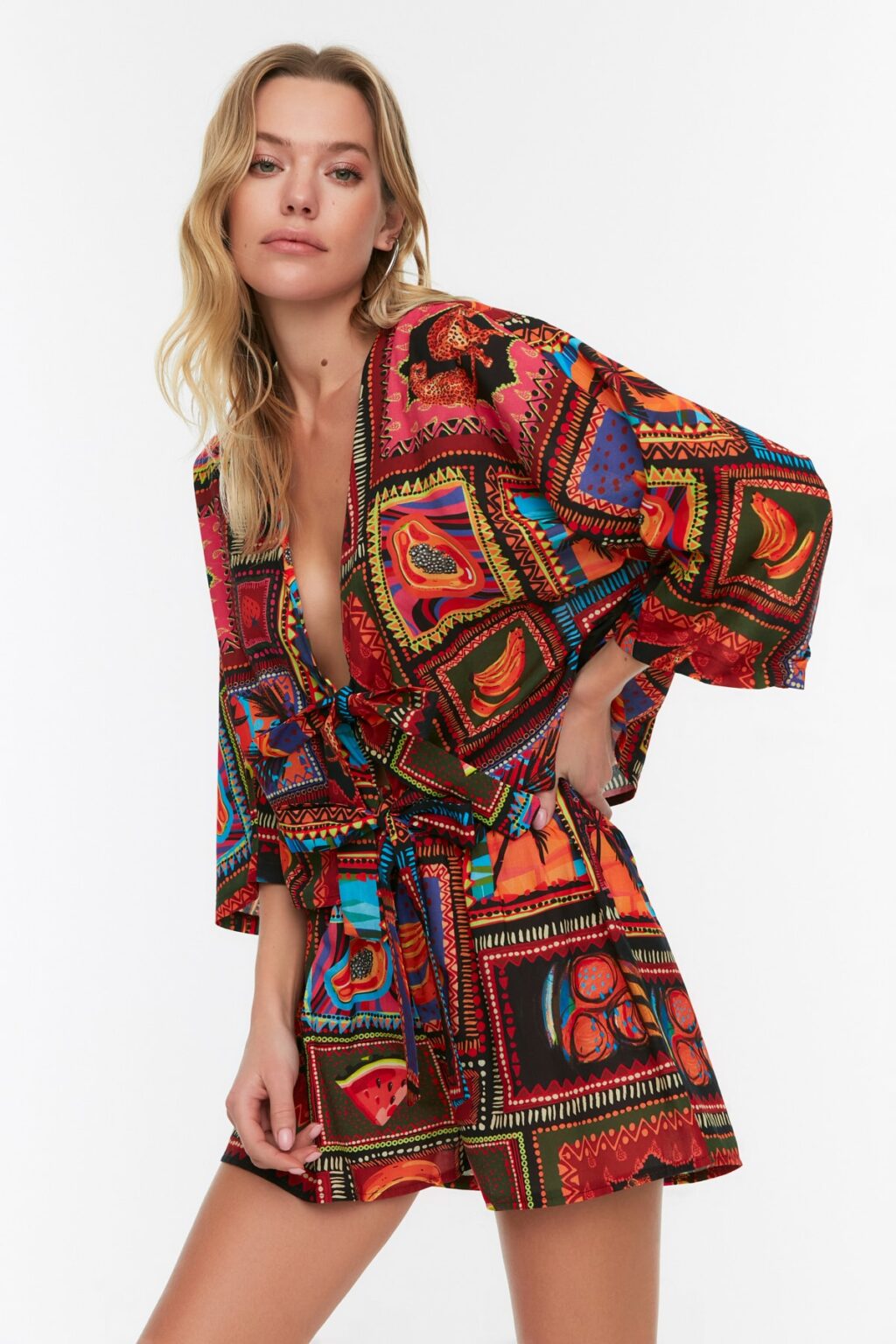 Trendyol Beach Wear Tropical Patterned Woven 100% Cotton Shirt Shorts Set