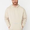 Trendyol Beige Basic Oversize/Wide Cut Fit Hooded Printed Sweatshirt