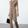 Trendyol Beige Belted Shirt Collar Button Detailed Tweed Woven Overalls