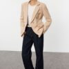 Trendyol Beige Button Detailed Lined Fitted Waist Patterned Woven Blazer Jacket
