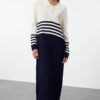 Trendyol Beige Buttoned Navy Blue Color Block Knit Dress