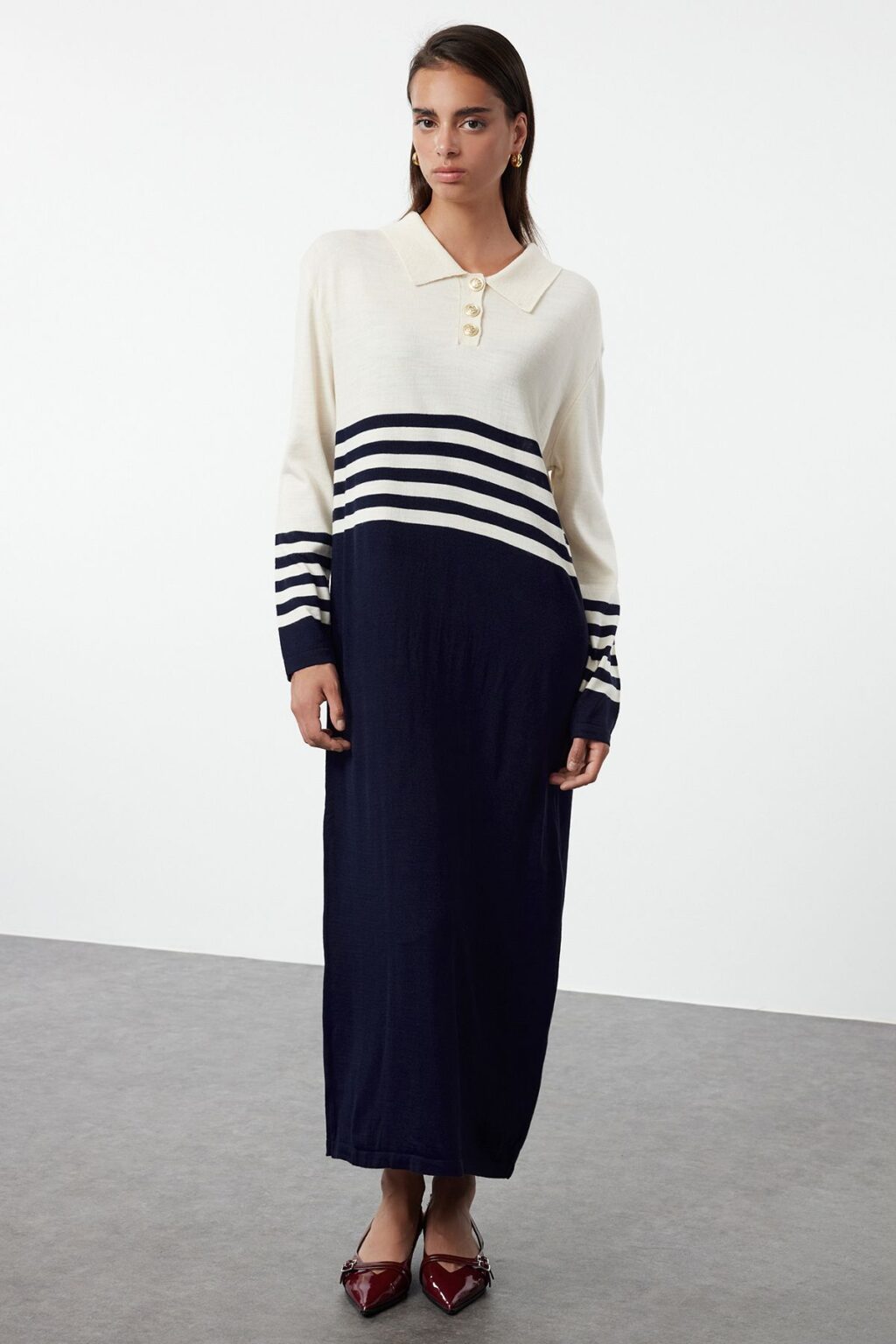 Trendyol Beige Buttoned Navy Blue Color Block Knit Dress
