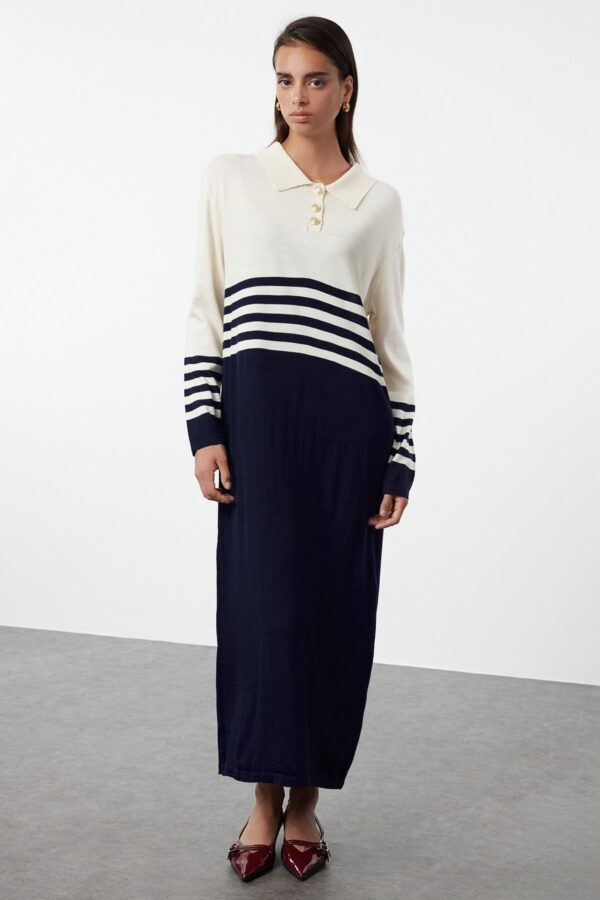 Trendyol Beige Buttoned Navy Blue Color Block Knit Dress