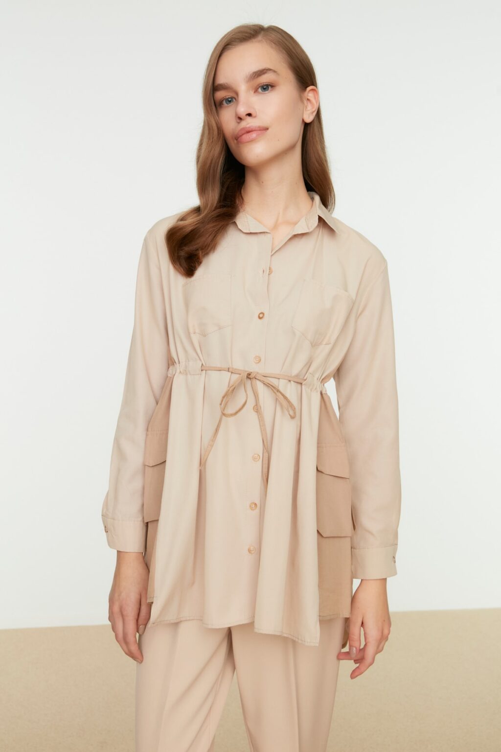 Trendyol Beige Color Block Fastening and Pocket Detail Woven Shirt
