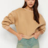 Trendyol Beige Comfort Fit Crop Basic Crew Neck Fleece Inside Knitted Sweatshirt