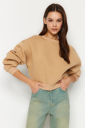 Trendyol Beige Comfort Fit Crop Basic Crew Neck Fleece Inside Knitted Sweatshirt Trendyol Beige Comfort Fit Crop Basic Crew Neck Fleece Inside Knitted Sweatshirt
