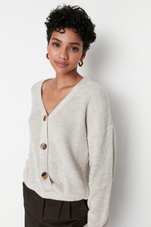 Trendyol Beige Cord Detailed Knitwear Cardigan