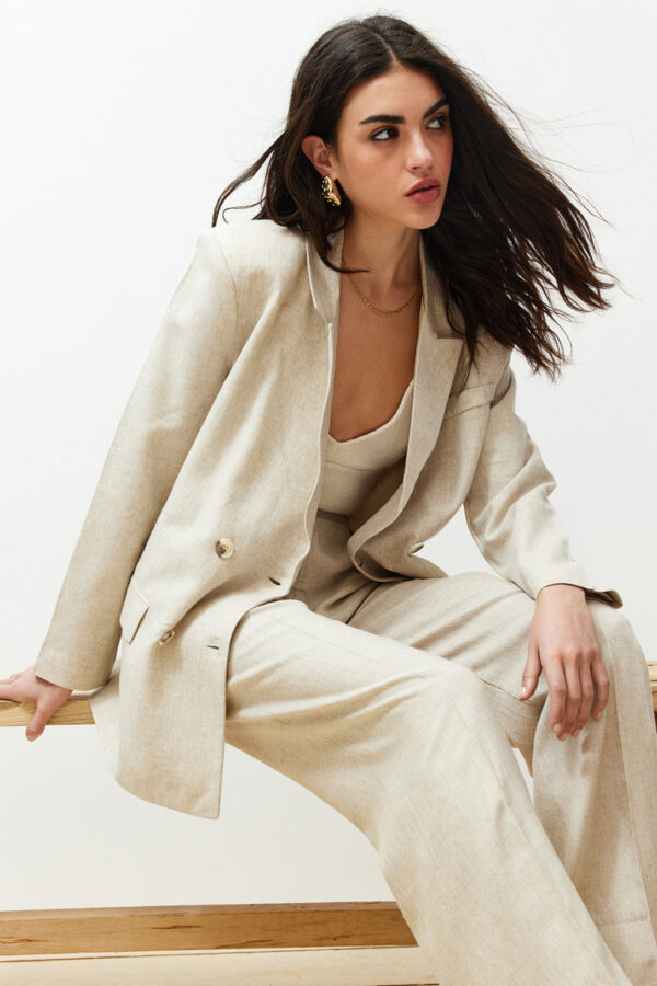 Trendyol Beige Double Breasted Closure Cotton Linen Woven Blazer Jacket