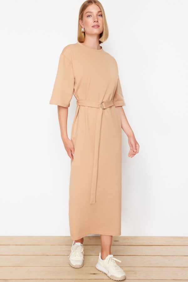 Trendyol Beige Half Sleeve Belted Knitted Dress