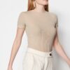 Trendyol Beige Half Sleeve Snap-Front Knitted Body Tunic