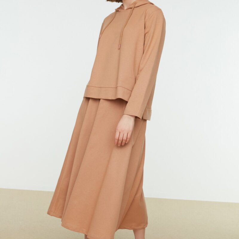 Trendyol Beige Hooded Sweatshirt-Skirt Knitted Suit