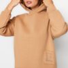 Trendyol Beige Loose Hooded Printed and Raised Knitted Sweatshirt