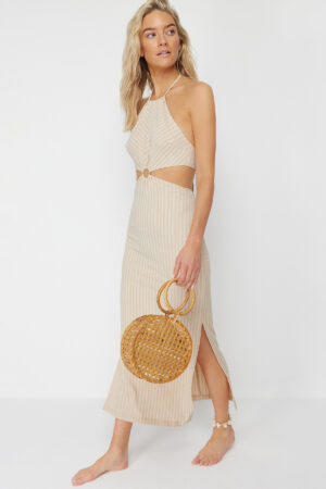 Trendyol Beige Maxi Knitted Textured Accessory Beach Dress